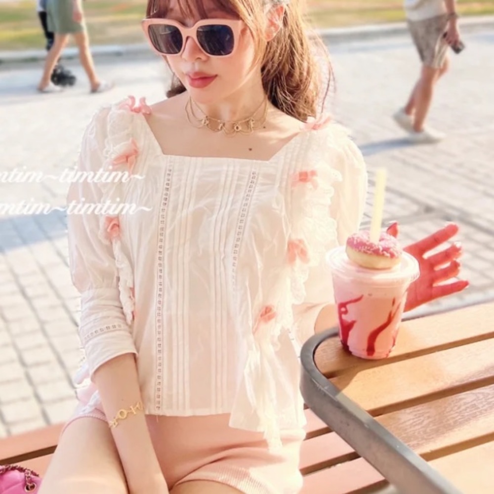 Japanese Cottagecore Shabby Chic White Lace Ruffle Pink Ribbon Bow Shirt Blouse